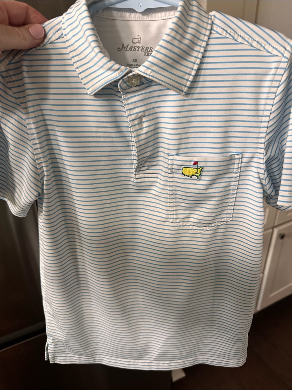Youth XS Masters White Polo with Light Blue Stripes and Yellow Pocket Emblem